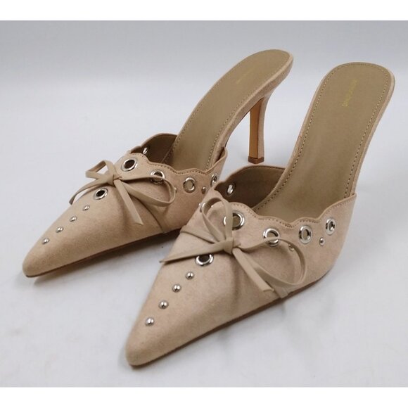 Prettylittlething Womens Ladies Tan Pointed Toe Slip On Kitten Heel Heels Sz 10 - Picture 1 of 8